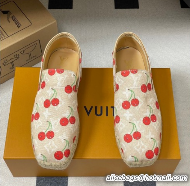 Unique Style Louis Vuitton LV x TM Cerise Cherry Printed Denim Flat Espadrilles Beige LV102205 1022045