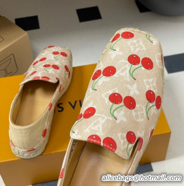Unique Style Louis Vuitton LV x TM Cerise Cherry Printed Denim Flat Espadrilles Beige LV102205 1022045