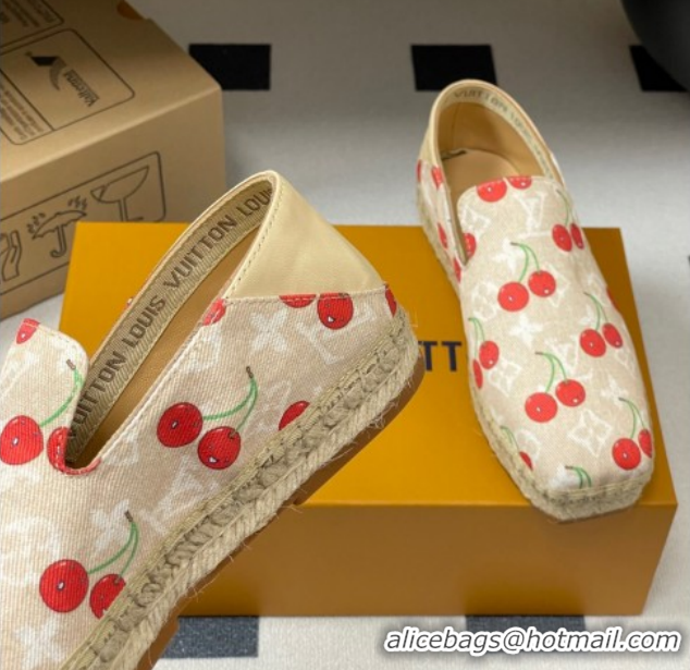 Unique Style Louis Vuitton LV x TM Cerise Cherry Printed Denim Flat Espadrilles Beige LV102205 1022045