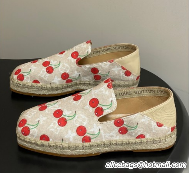 Unique Style Louis Vuitton LV x TM Cerise Cherry Printed Denim Flat Espadrilles Beige LV102205 1022045