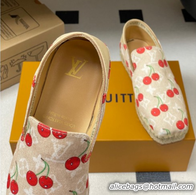 Unique Style Louis Vuitton LV x TM Cerise Cherry Printed Denim Flat Espadrilles Beige LV102205 1022045