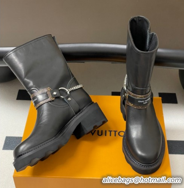 Good Looking Louis Vuitton LV Beaubourg Ankle Boots 4cm in Leather with Chain Strap Black 1AIBQR 1022051