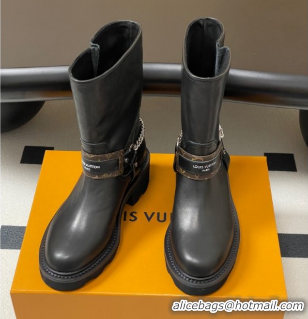 Good Looking Louis Vuitton LV Beaubourg Ankle Boots 4cm in Leather with Chain Strap Black 1AIBQR 1022051
