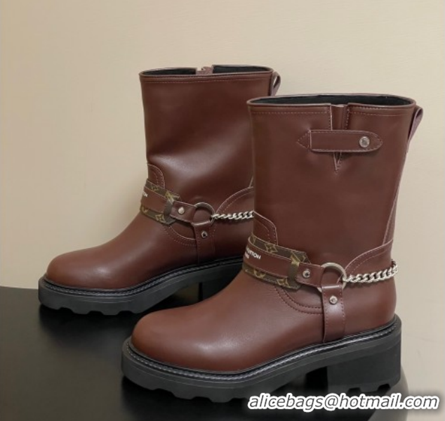 Popular Style Louis Vuitton LV Beaubourg Ankle Boots 4cm in Leather with Chain Strap Brown 1AIBQR 1022052
