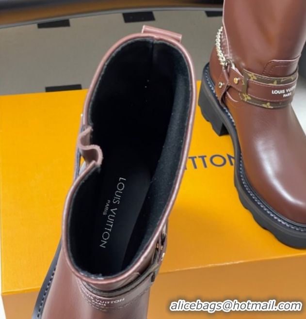 Popular Style Louis Vuitton LV Beaubourg Ankle Boots 4cm in Leather with Chain Strap Brown 1AIBQR 1022052