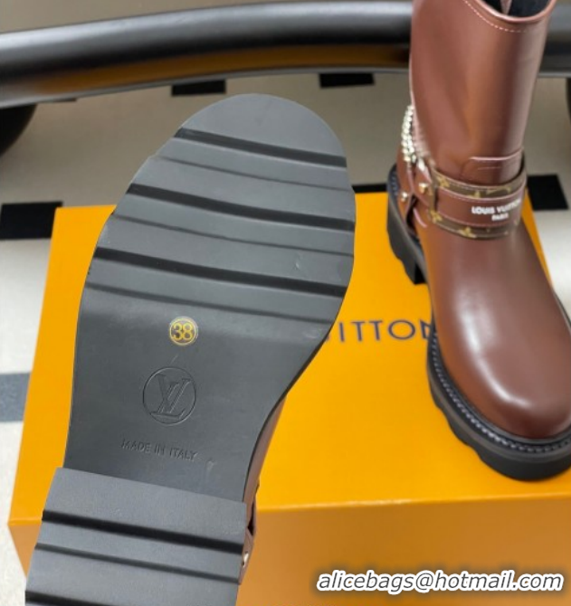 Popular Style Louis Vuitton LV Beaubourg Ankle Boots 4cm in Leather with Chain Strap Brown 1AIBQR 1022052