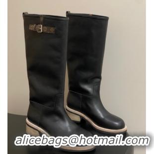 Luxury Cheap Louis Vuitton LV Biker Leather Flat High Boots with Buckle Strap Black 1AGM74 1022053