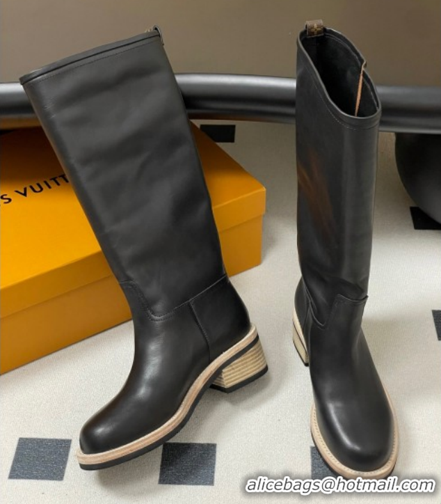 Luxury Cheap Louis Vuitton LV Biker Leather Flat High Boots with Buckle Strap Black 1AGM74 1022053