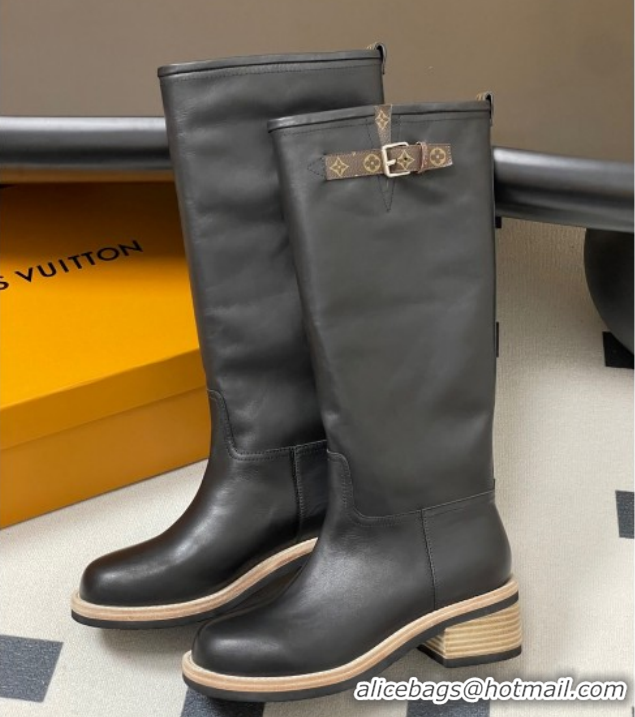 Luxury Cheap Louis Vuitton LV Biker Leather Flat High Boots with Buckle Strap Black 1AGM74 1022053