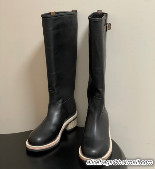 Luxury Cheap Louis Vuitton LV Biker Leather Flat High Boots with Buckle Strap Black 1AGM74 1022053