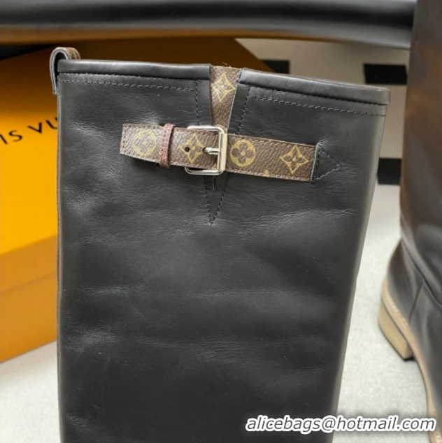Luxury Cheap Louis Vuitton LV Biker Leather Flat High Boots with Buckle Strap Black 1AGM74 1022053