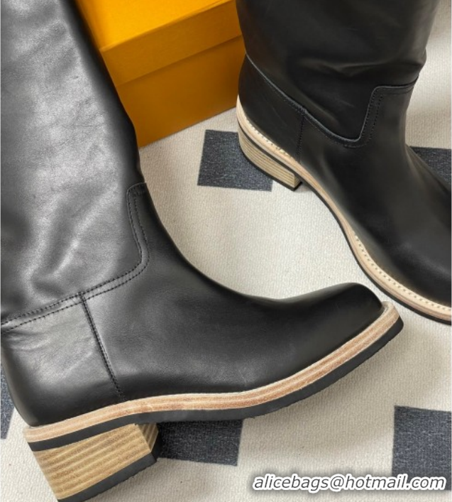 Luxury Cheap Louis Vuitton LV Biker Leather Flat High Boots with Buckle Strap Black 1AGM74 1022053