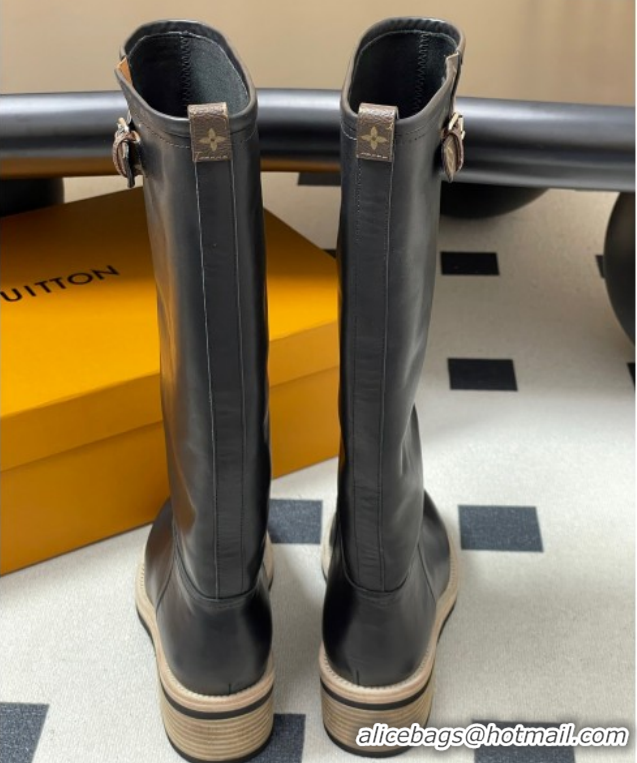 Luxury Cheap Louis Vuitton LV Biker Leather Flat High Boots with Buckle Strap Black 1AGM74 1022053