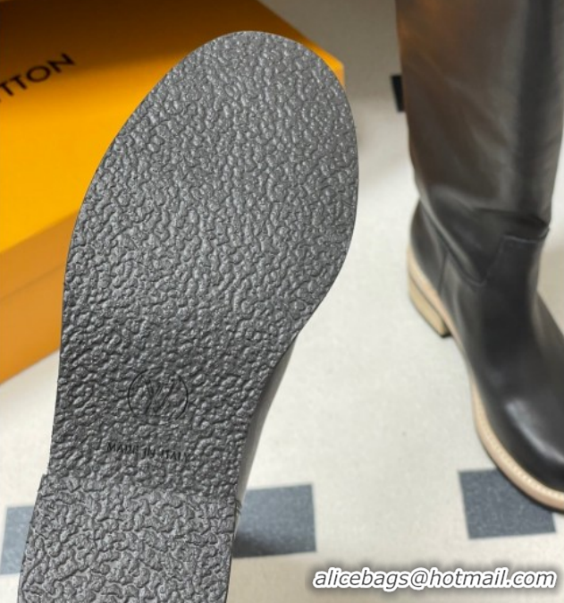 Luxury Cheap Louis Vuitton LV Biker Leather Flat High Boots with Buckle Strap Black 1AGM74 1022053