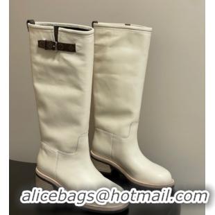 Luxury Louis Vuitton LV Biker Leather Flat High Boots with Buckle Strap White 1AGM74 1022054