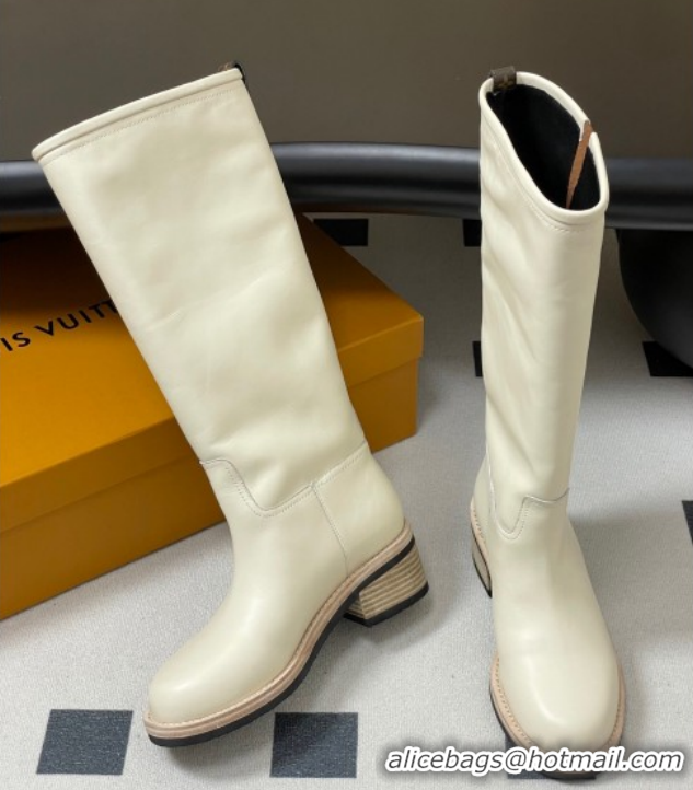 Luxury Louis Vuitton LV Biker Leather Flat High Boots with Buckle Strap White 1AGM74 1022054