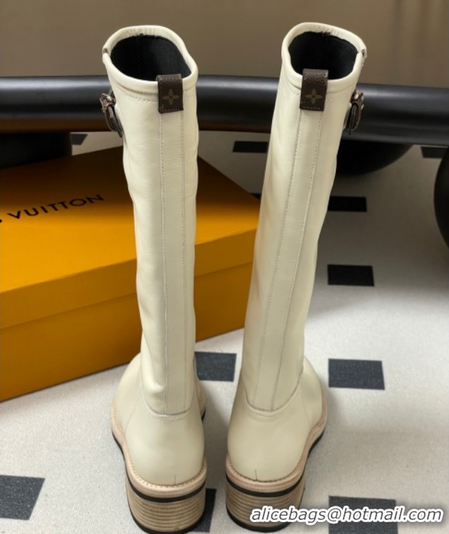 Luxury Louis Vuitton LV Biker Leather Flat High Boots with Buckle Strap White 1AGM74 1022054
