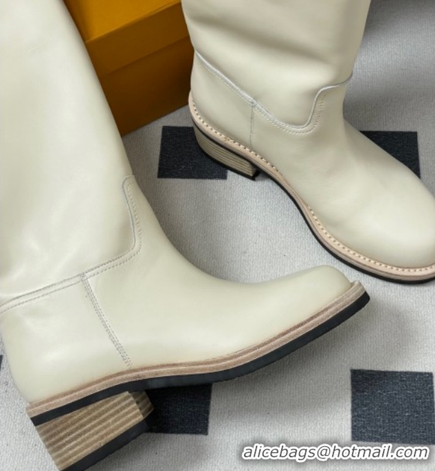 Luxury Louis Vuitton LV Biker Leather Flat High Boots with Buckle Strap White 1AGM74 1022054