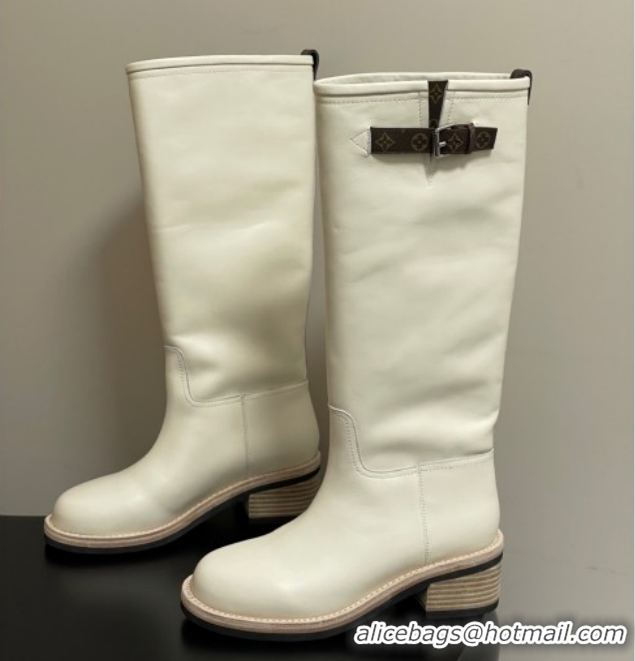 Luxury Louis Vuitton LV Biker Leather Flat High Boots with Buckle Strap White 1AGM74 1022054