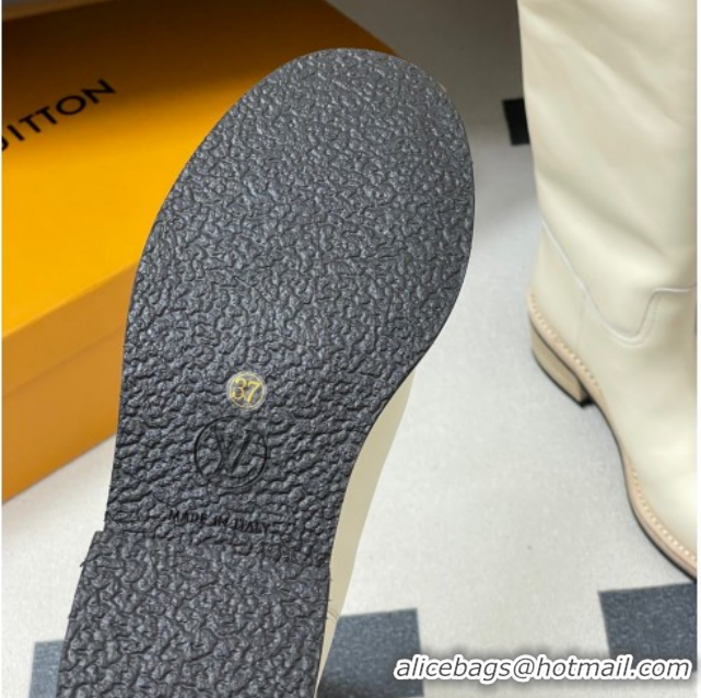 Luxury Louis Vuitton LV Biker Leather Flat High Boots with Buckle Strap White 1AGM74 1022054