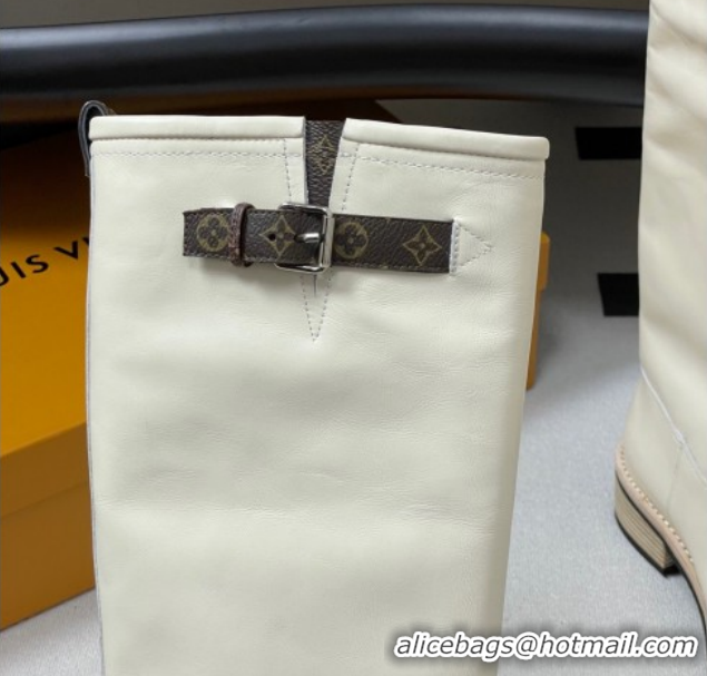 Luxury Louis Vuitton LV Biker Leather Flat High Boots with Buckle Strap White 1AGM74 1022054