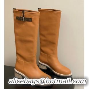 Grade Louis Vuitton LV Biker Leather Flat High Boots with Buckle Strap Brown 1AGM74 1022055