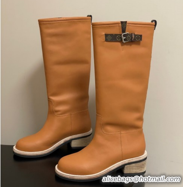 Grade Louis Vuitton LV Biker Leather Flat High Boots with Buckle Strap Brown 1AGM74 1022055