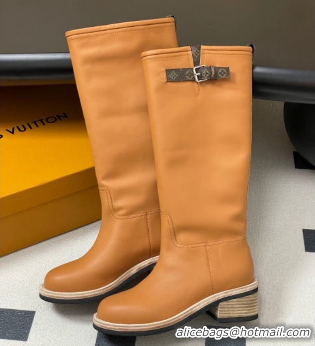 Grade Louis Vuitton LV Biker Leather Flat High Boots with Buckle Strap Brown 1AGM74 1022055