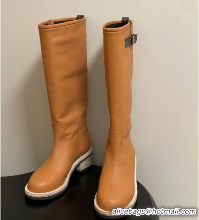Grade Louis Vuitton LV Biker Leather Flat High Boots with Buckle Strap Brown 1AGM74 1022055