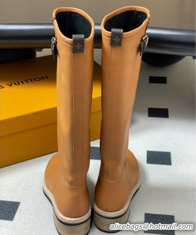 Grade Louis Vuitton LV Biker Leather Flat High Boots with Buckle Strap Brown 1AGM74 1022055