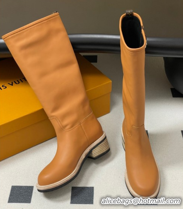 Grade Louis Vuitton LV Biker Leather Flat High Boots with Buckle Strap Brown 1AGM74 1022055