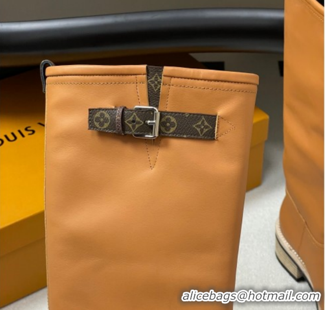 Grade Louis Vuitton LV Biker Leather Flat High Boots with Buckle Strap Brown 1AGM74 1022055