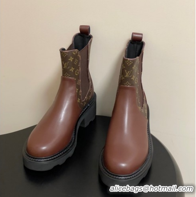 Cheap Price Louis Vuitton LV Beaubourg Chelsea Ankle Boots in Monogram Canvas and Leather Brown 1AIEJ4 1022057
