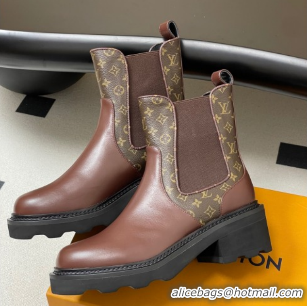 Cheap Price Louis Vuitton LV Beaubourg Chelsea Ankle Boots in Monogram Canvas and Leather Brown 1AIEJ4 1022057