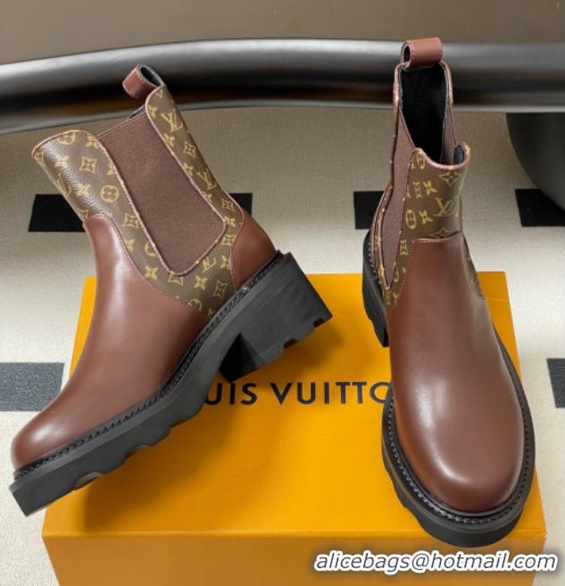 Cheap Price Louis Vuitton LV Beaubourg Chelsea Ankle Boots in Monogram Canvas and Leather Brown 1AIEJ4 1022057