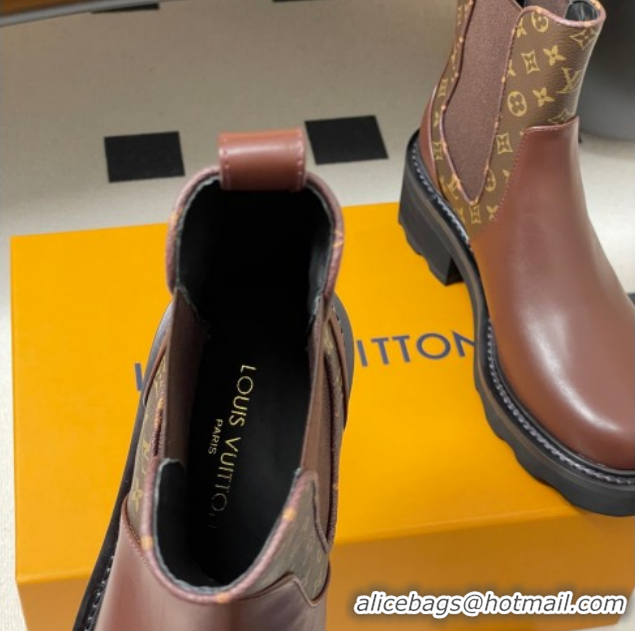 Cheap Price Louis Vuitton LV Beaubourg Chelsea Ankle Boots in Monogram Canvas and Leather Brown 1AIEJ4 1022057
