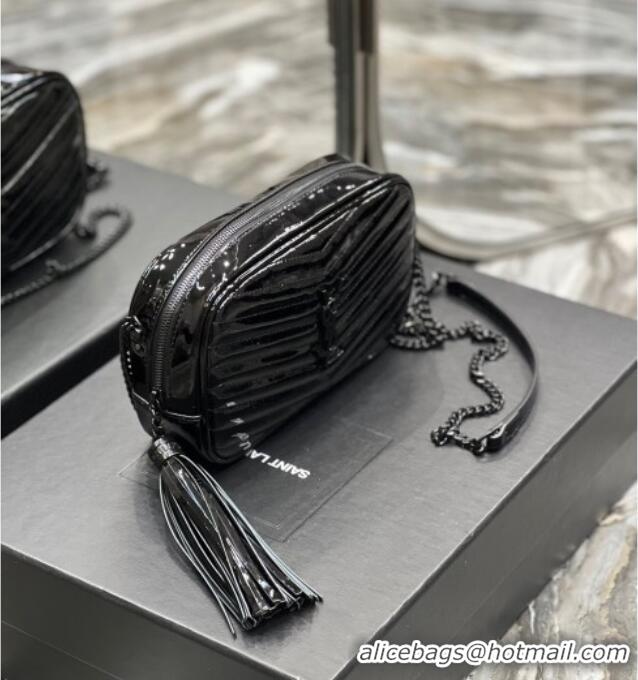 Promotional Saint Laurent Lou Mini Camera Bag with Tassel in Matelasse Patent Leather 585040 Black 2025