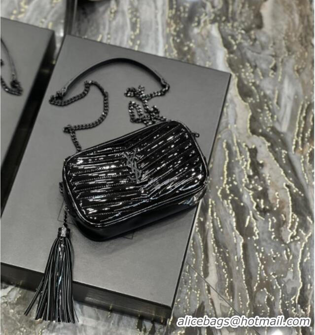 Promotional Saint Laurent Lou Mini Camera Bag with Tassel in Matelasse Patent Leather 585040 Black 2025