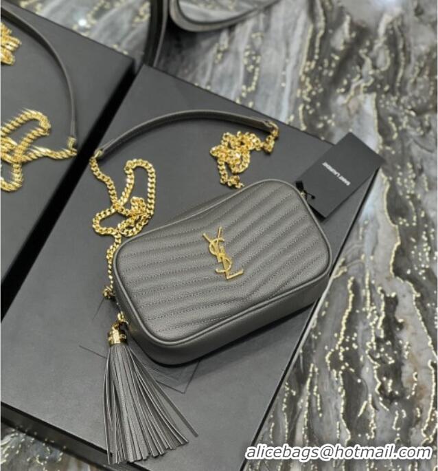 Famous Brand Saint Laurent Lou Mini Camera Bag with Tassel in Matelasse Grained Leather 585040 Grey 2025