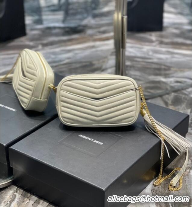 Good Looking Saint Laurent Lou Mini Camera Bag with Tassel in Matelasse Grained Leather 585040 White 2025