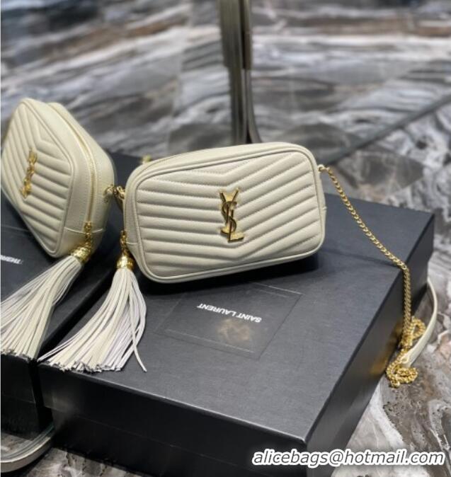 Good Looking Saint Laurent Lou Mini Camera Bag with Tassel in Matelasse Grained Leather 585040 White 2025
