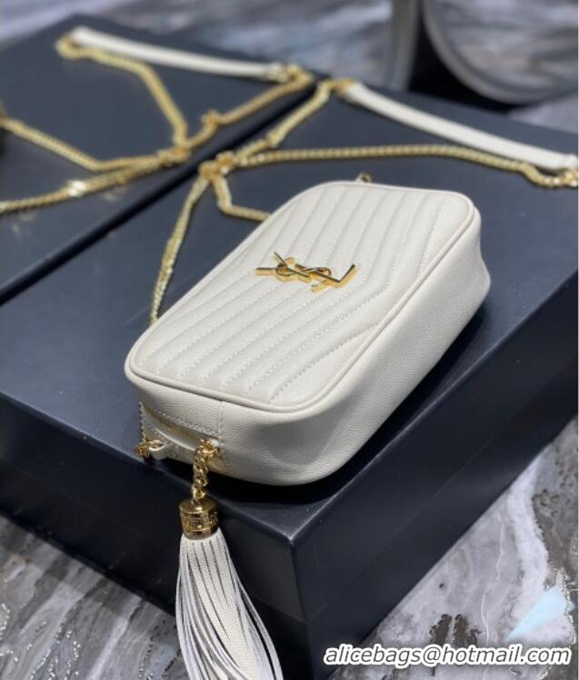 Good Looking Saint Laurent Lou Mini Camera Bag with Tassel in Matelasse Grained Leather 585040 White 2025