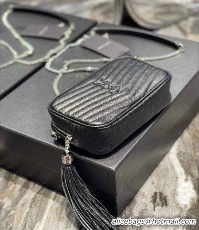 Discount Saint Laurent Lou Mini Camera Bag with Tassel in Matelasse Grained Leather 585040 Black/Silver 2025