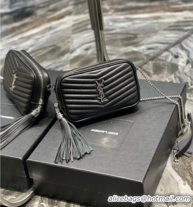 Discount Saint Laurent Lou Mini Camera Bag with Tassel in Matelasse Grained Leather 585040 Black/Silver 2025