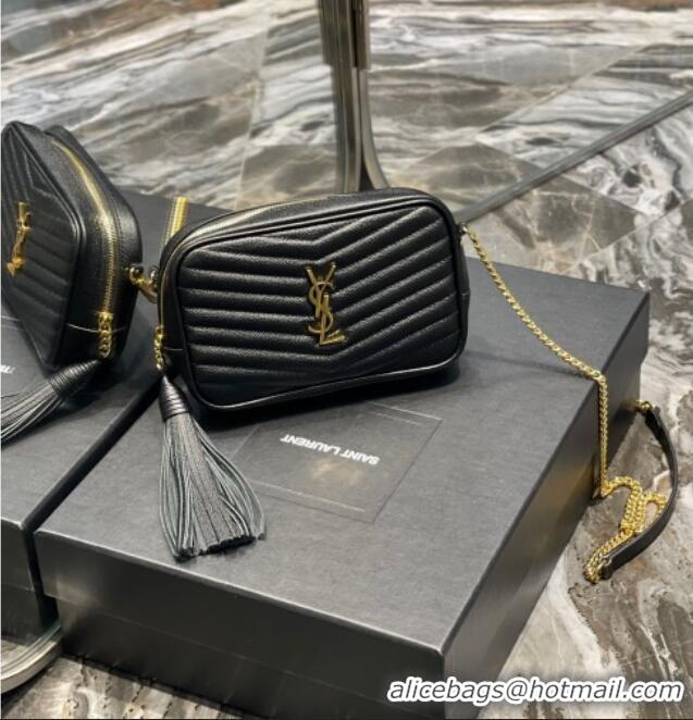 Best Price Saint Laurent Lou Mini Camera Bag with Tassel in Matelasse Grained Leather 585040 Black/Gold 2025