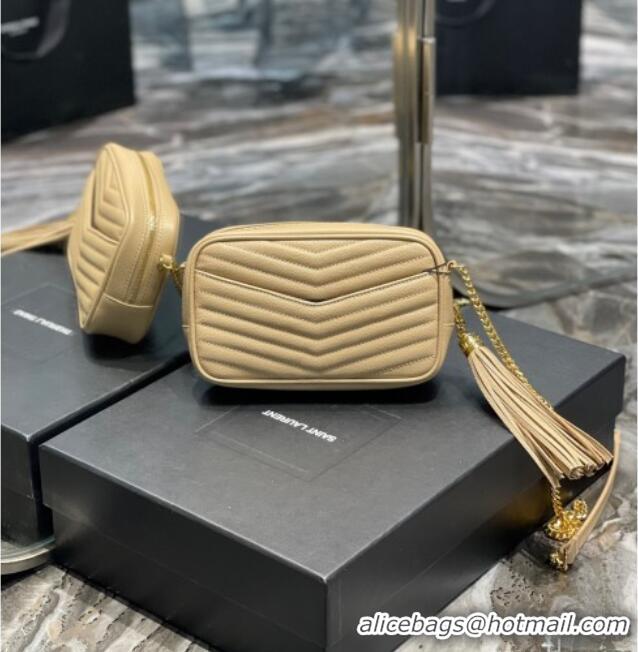 Top Grade Saint Laurent Lou Mini Camera Bag with Tassel in Matelasse Grained Leather 585040 Apricot 2025