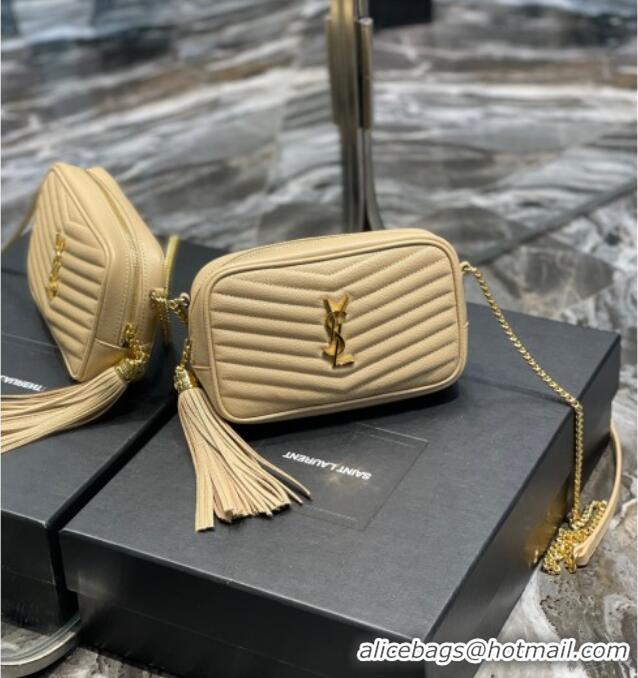 Top Grade Saint Laurent Lou Mini Camera Bag with Tassel in Matelasse Grained Leather 585040 Apricot 2025