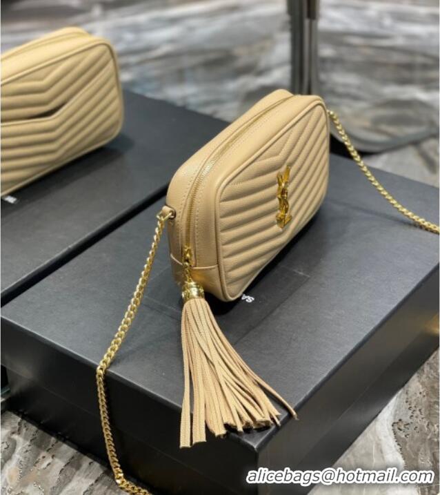 Top Grade Saint Laurent Lou Mini Camera Bag with Tassel in Matelasse Grained Leather 585040 Apricot 2025