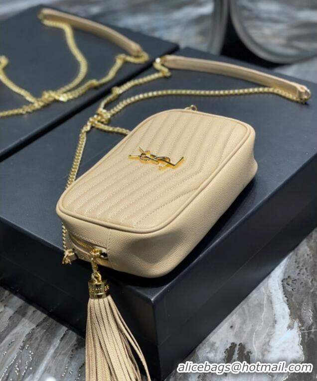 Top Grade Saint Laurent Lou Mini Camera Bag with Tassel in Matelasse Grained Leather 585040 Apricot 2025
