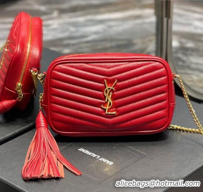 Best Quality Saint Laurent Lou Mini Camera Bag with Tassel in Matelasse Grained Leather 585040 Red 2025